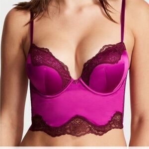 VICTORIA’S SECRET BOMBSHELL ADD‎ 2 CUP SIZES RASPBERRY SATIN LACE CORSET BUSTIER
